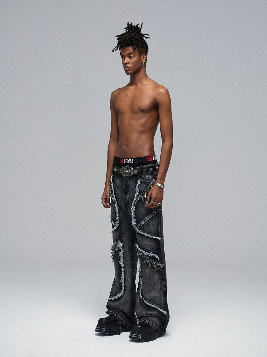 Fringed Ripped Washed Straight Jeans