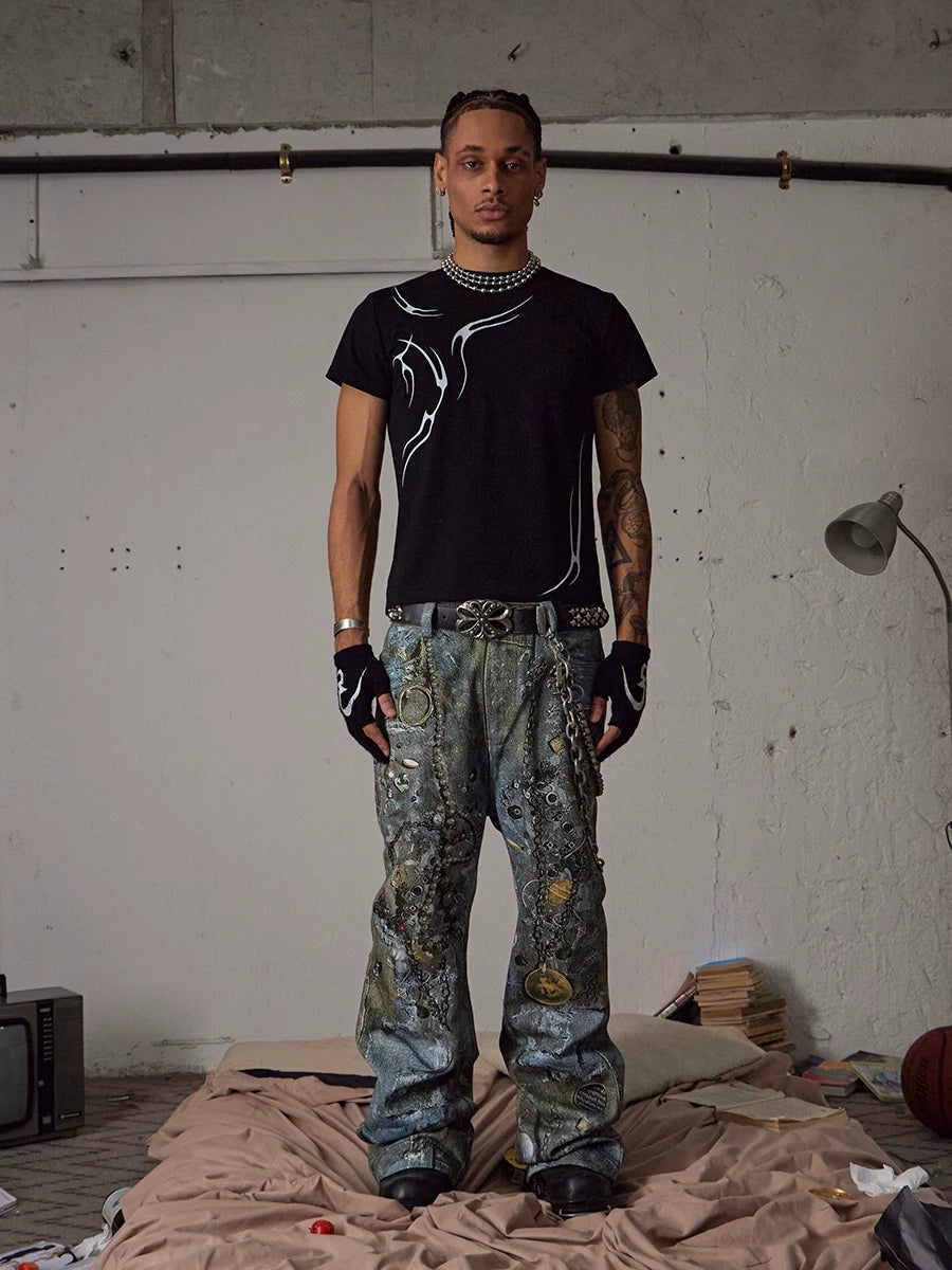 Relaxed Distressed Chain Digital Print Jeans