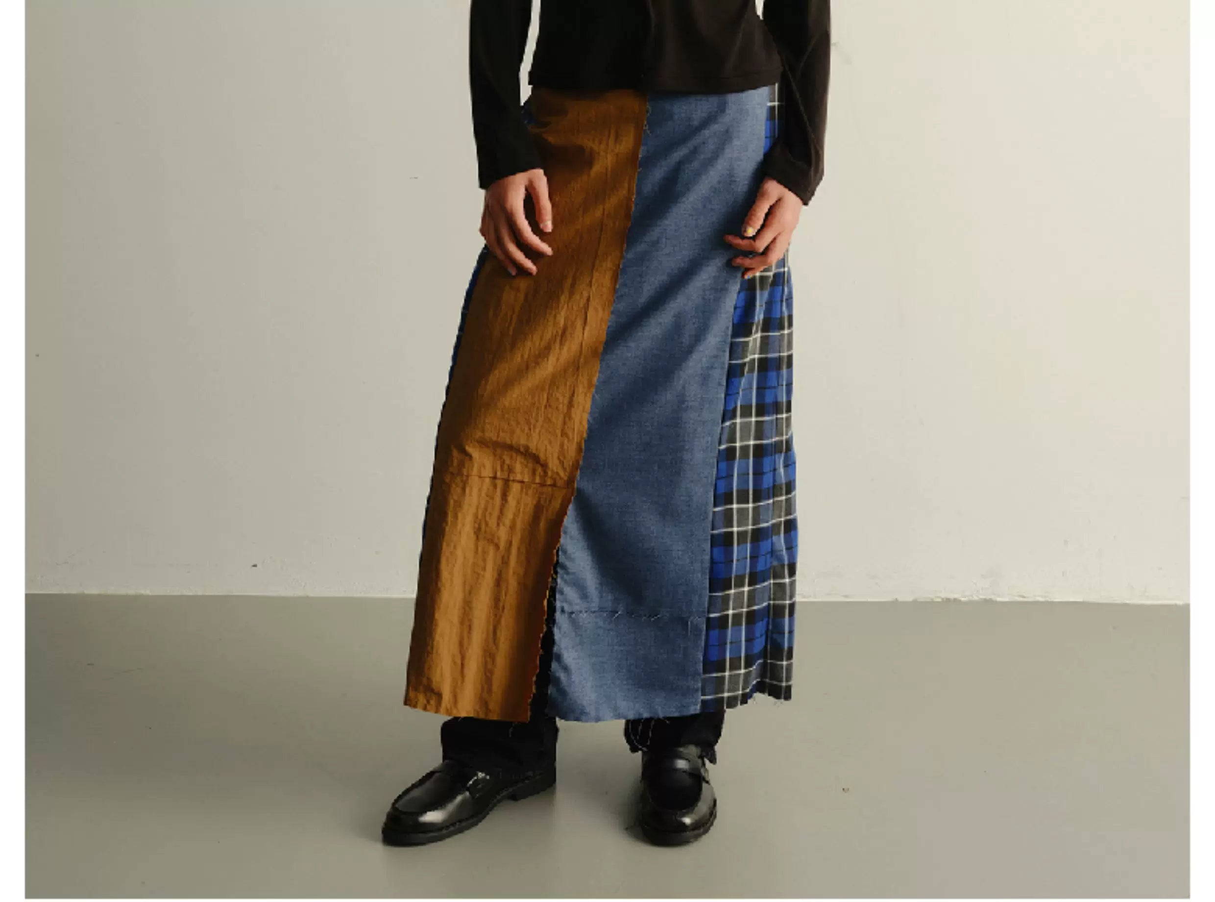 Reversible Pleated Frayed Plaid Denim Skort