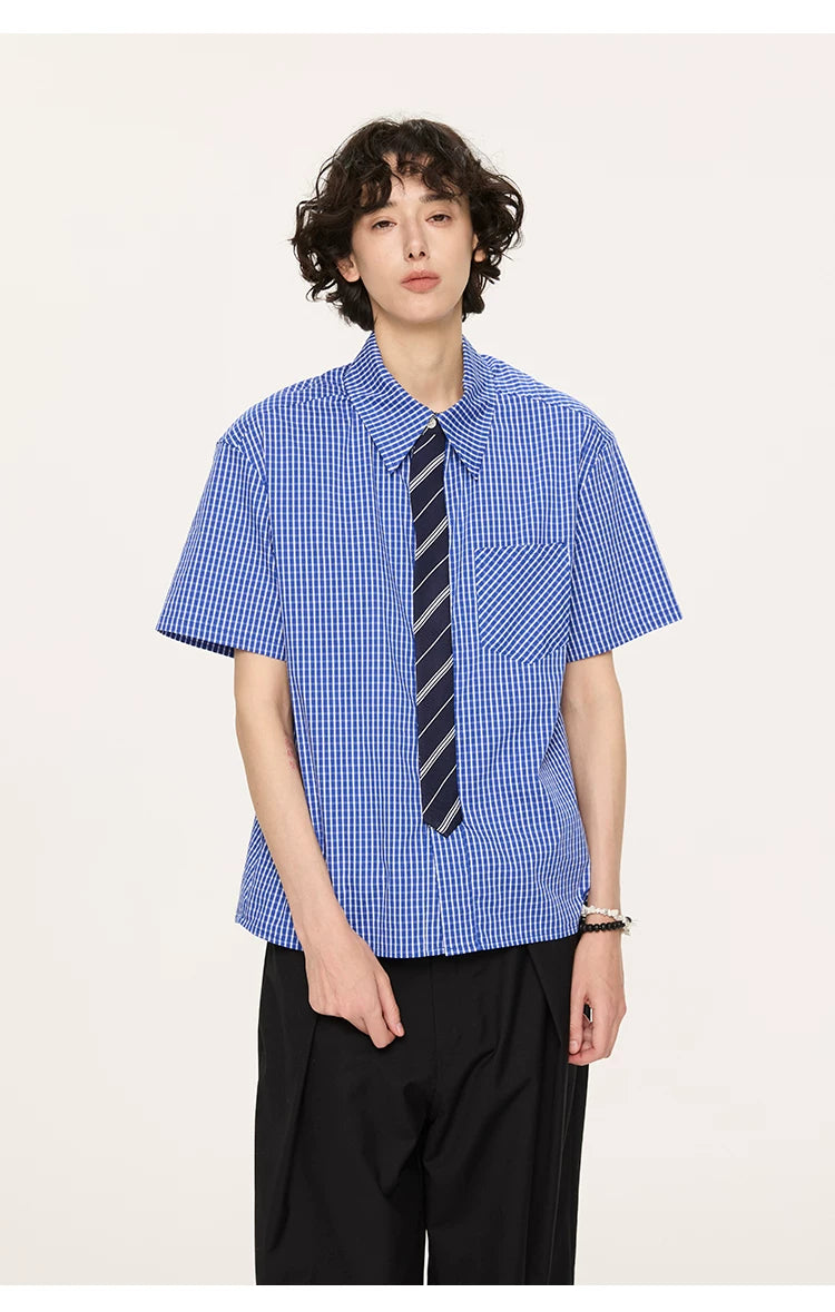 Striped And Houndstooth Short-Sleeved White Shirt