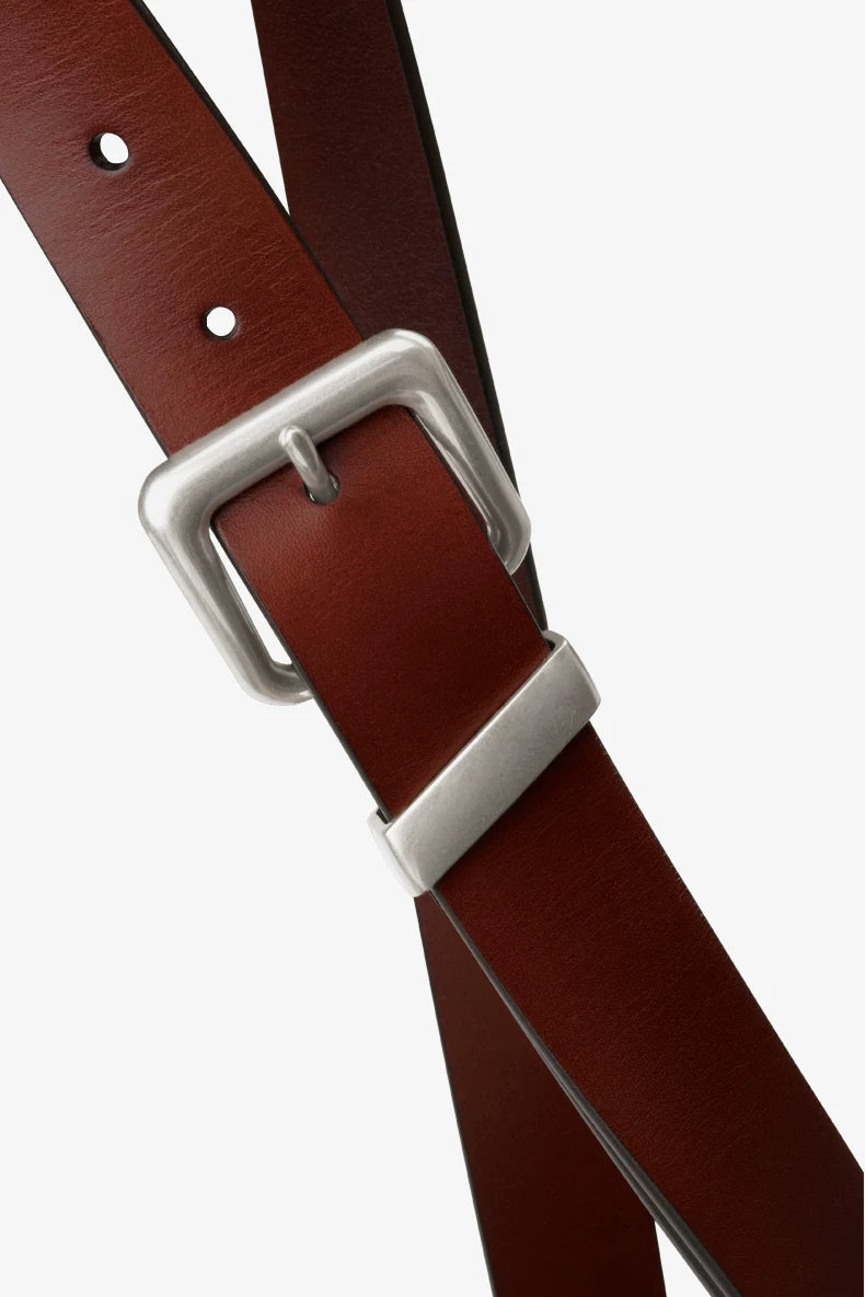 Unisex Rectangular Brass Buckle Leather Belt