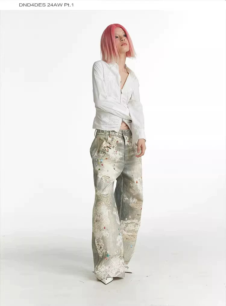 Vintage Digital Lace Print Flare Jeans