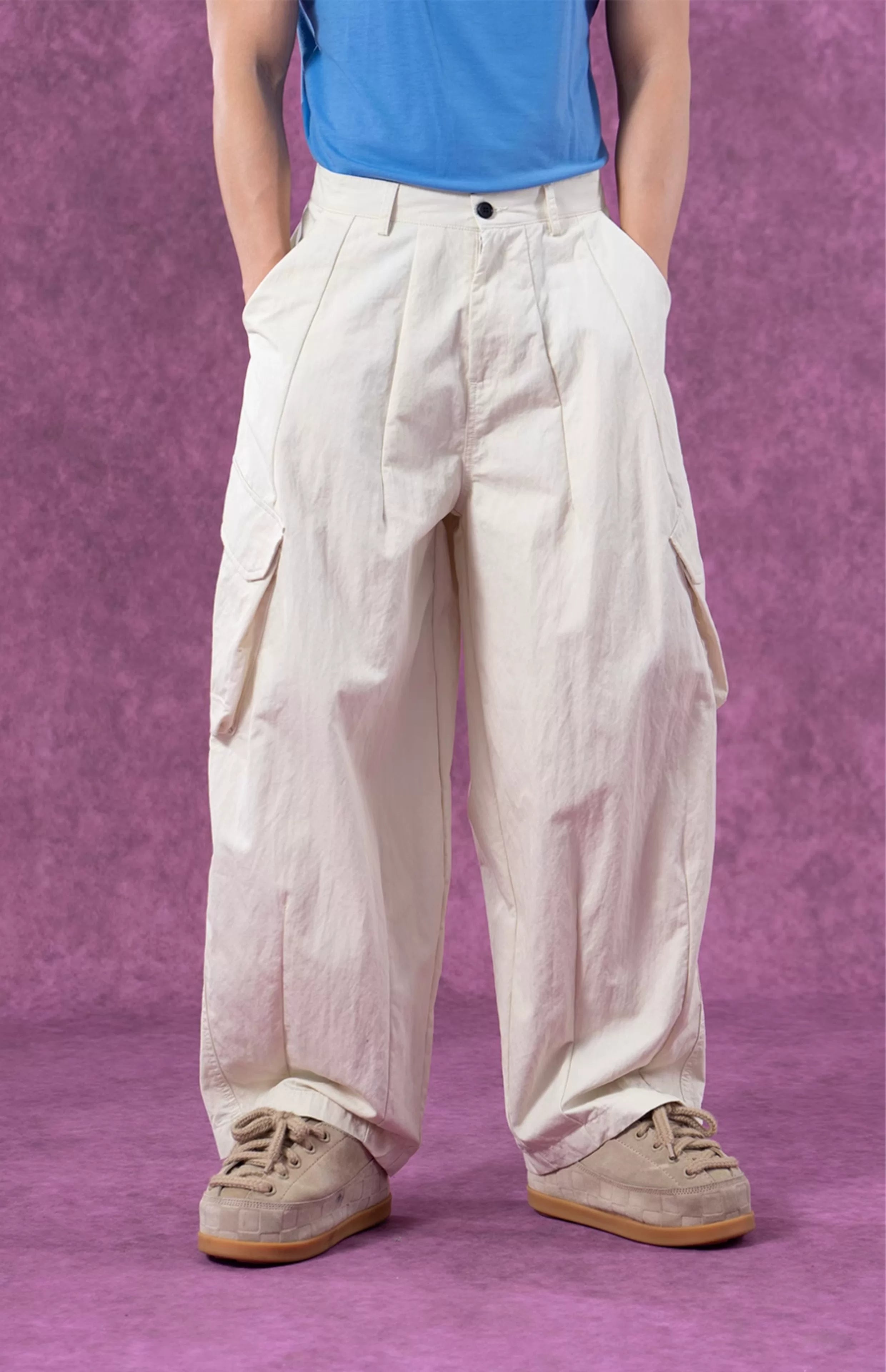 Men's Beige Loose Curved Cargo Pants