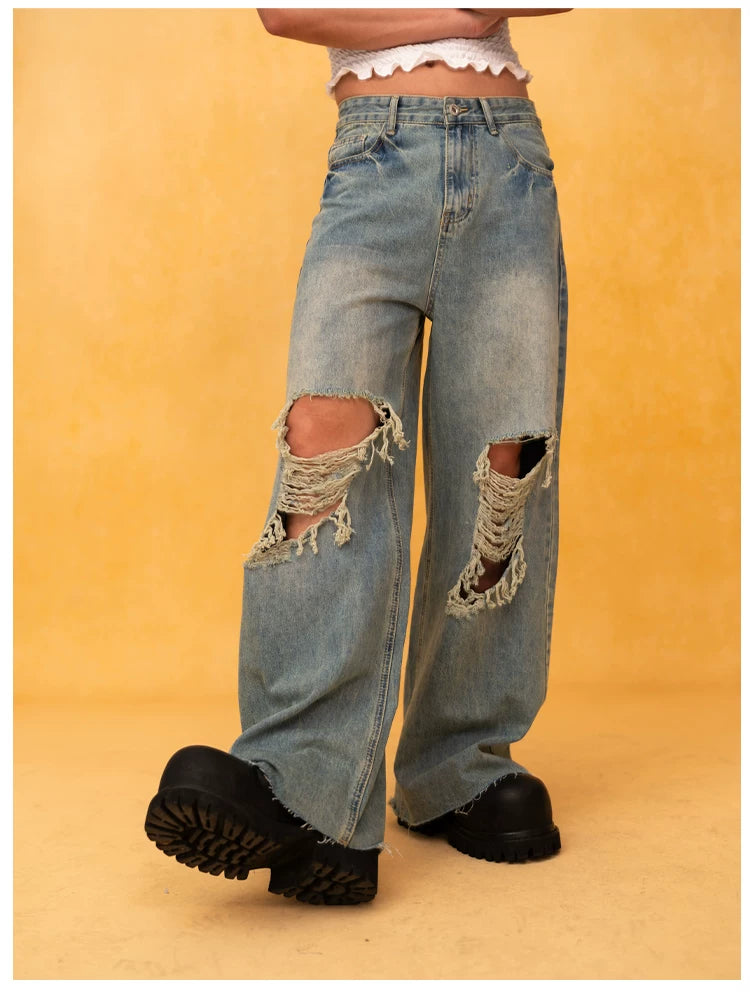 Men's Blue Distressed Wide Leg Jeans