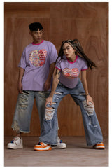 Oversized Embroidered Purple Heart Skeleton Tee
