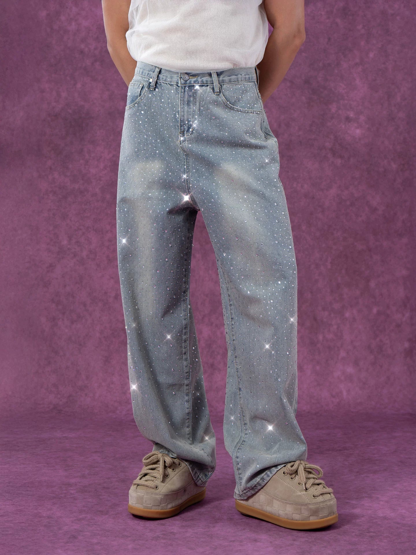 Men's Light Blue Sequined Baggy Jeans