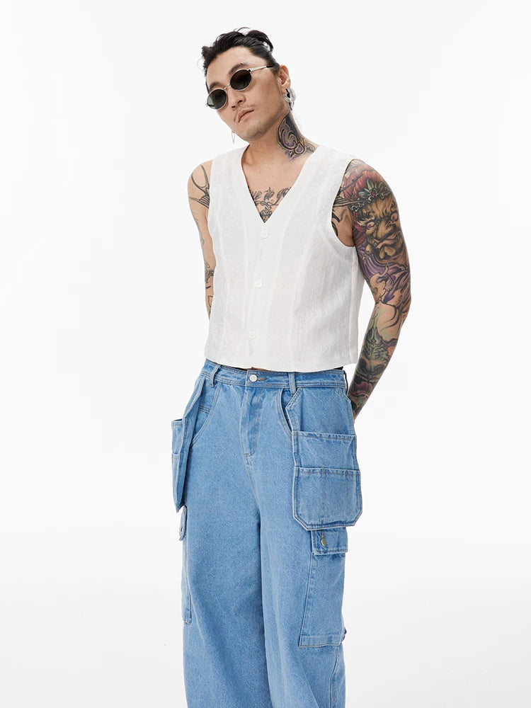 White Cropped V-neck Tencel Vest Unisex