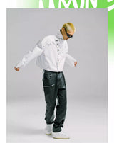 Oversized Cropped Stand Collar Riveted Jacket