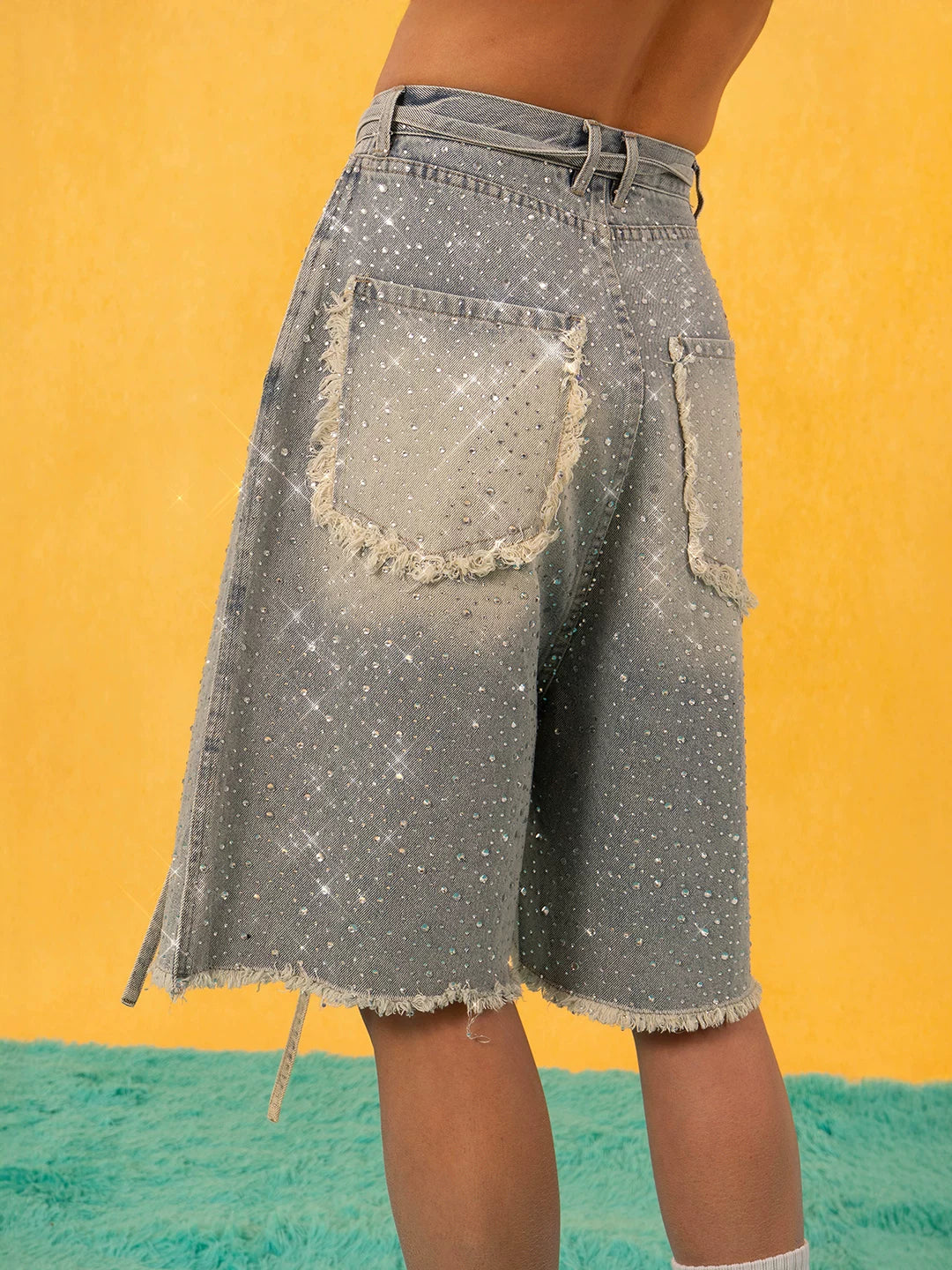 Blue Loose Rhinestone Frayed Denim Shorts