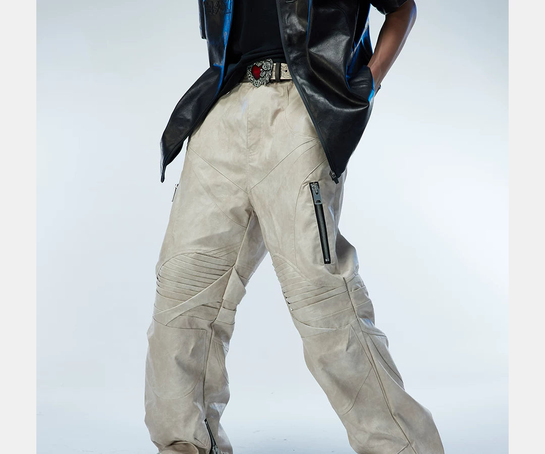 Men's Two-Tone Distressed Straight Leather Pants