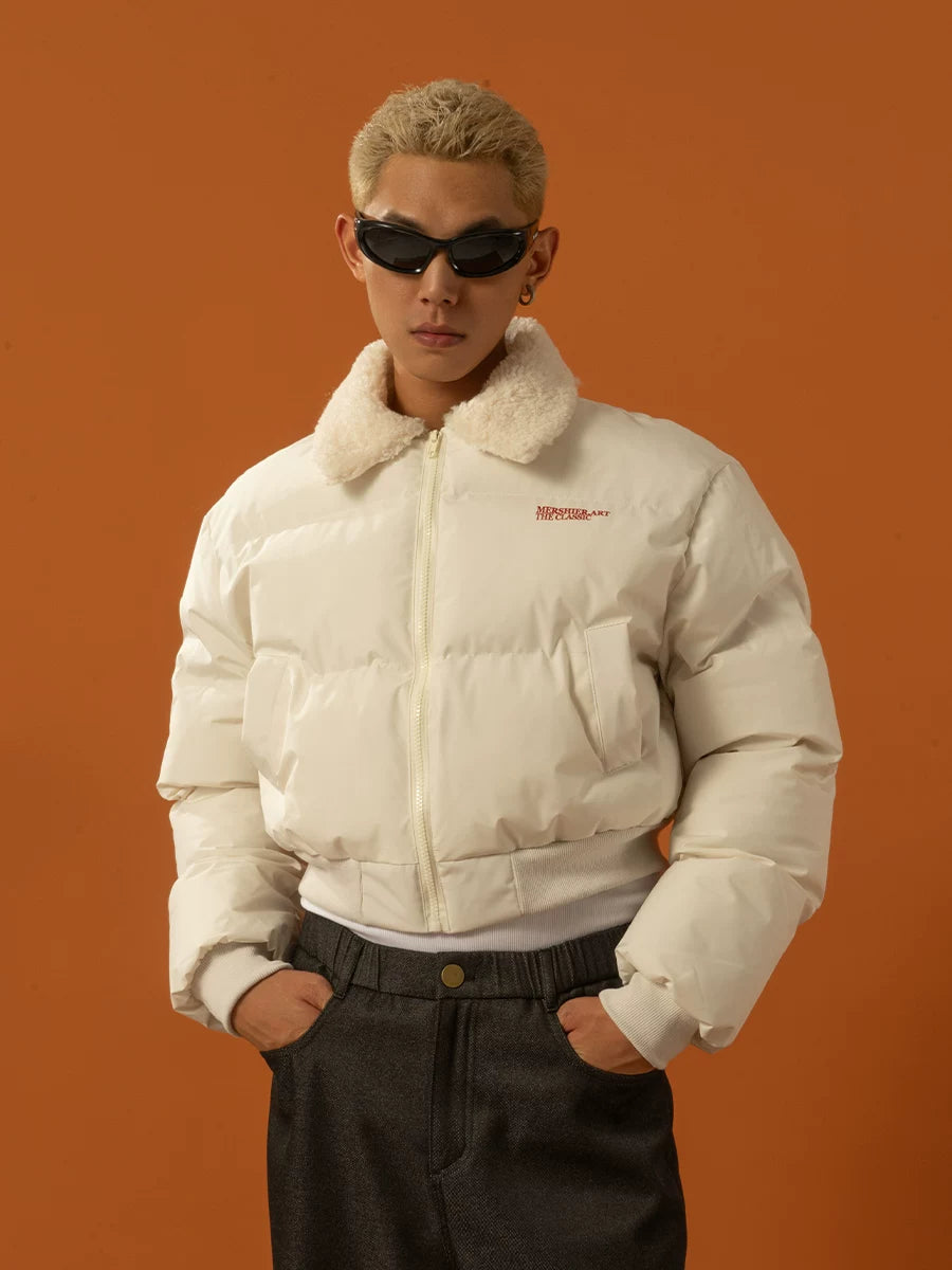Cropped Collared Faux Shearling Puffer Coat