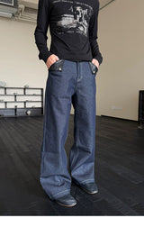 Navy Embossed PU Patchwork Flared Jeans