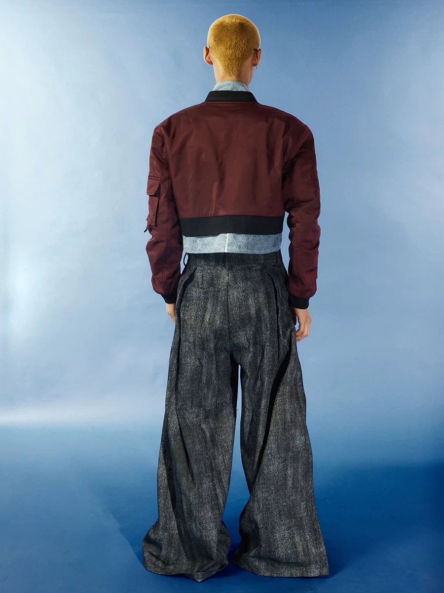 Cropped Two-Piece Maroon Denim Bomber Jacket