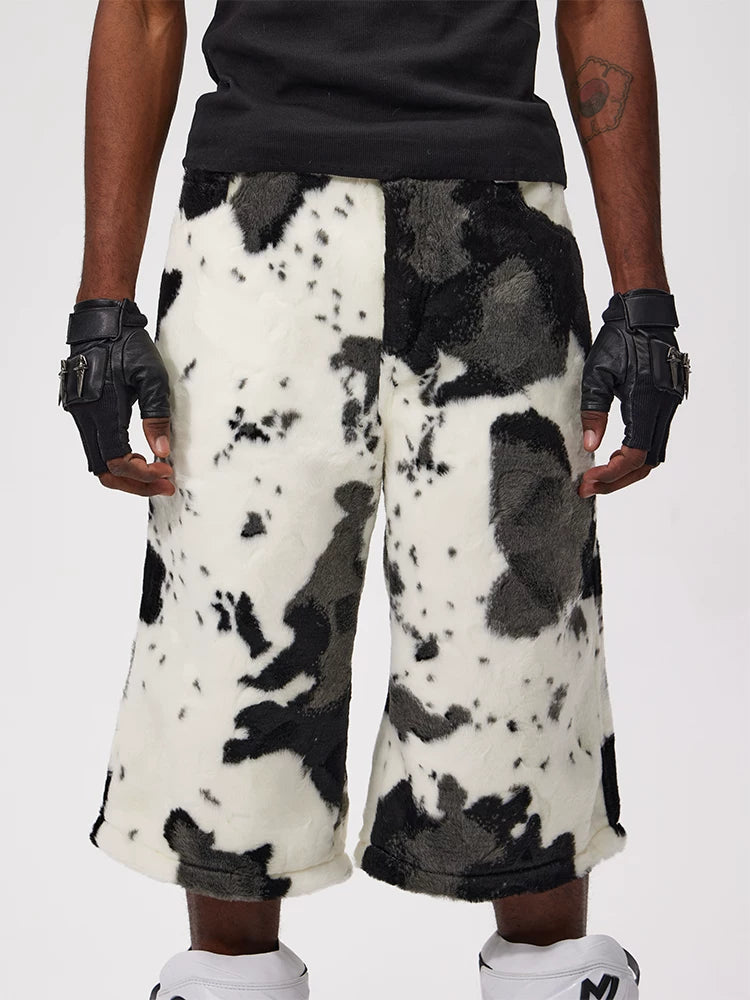 Cropped Cow Print Faux Fur Shorts