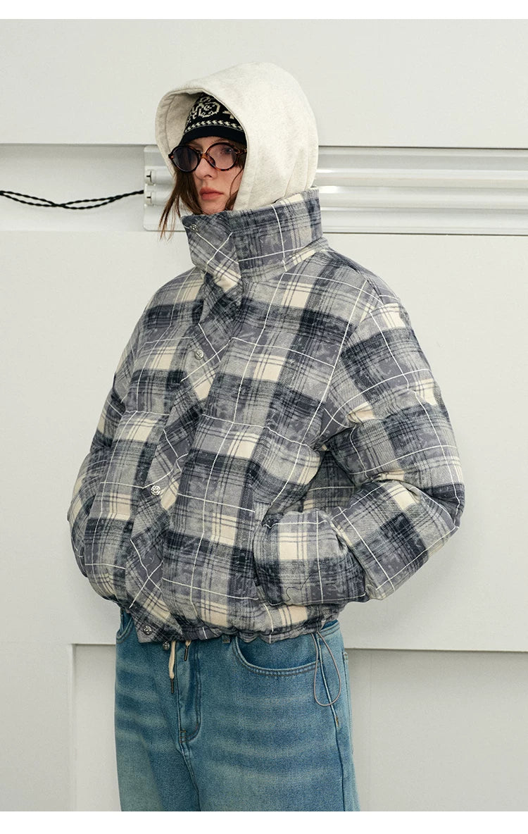 Detachable Hooded Plaid Puffer Coat