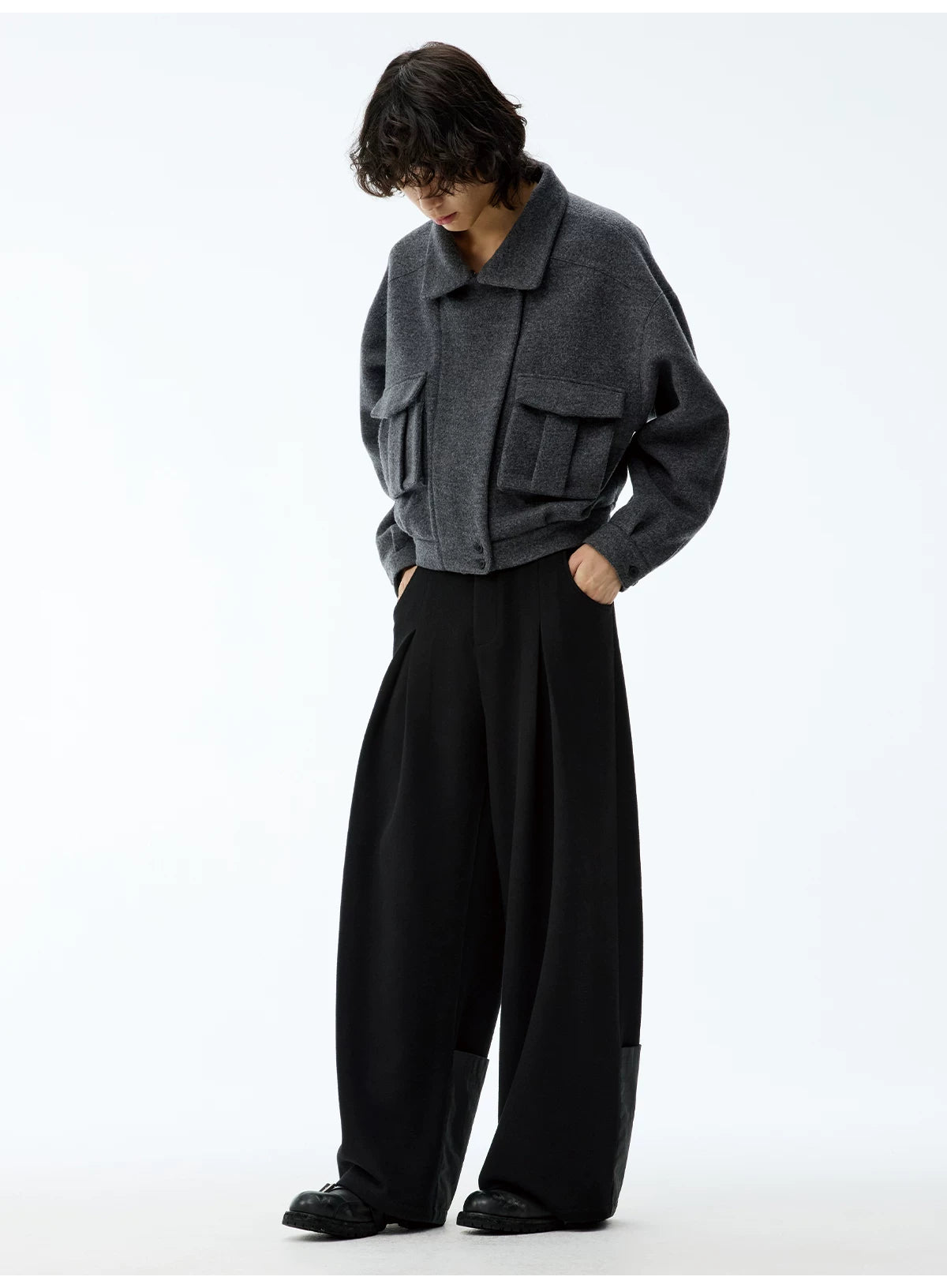 Leather Waist Wide Leg Wool Pants