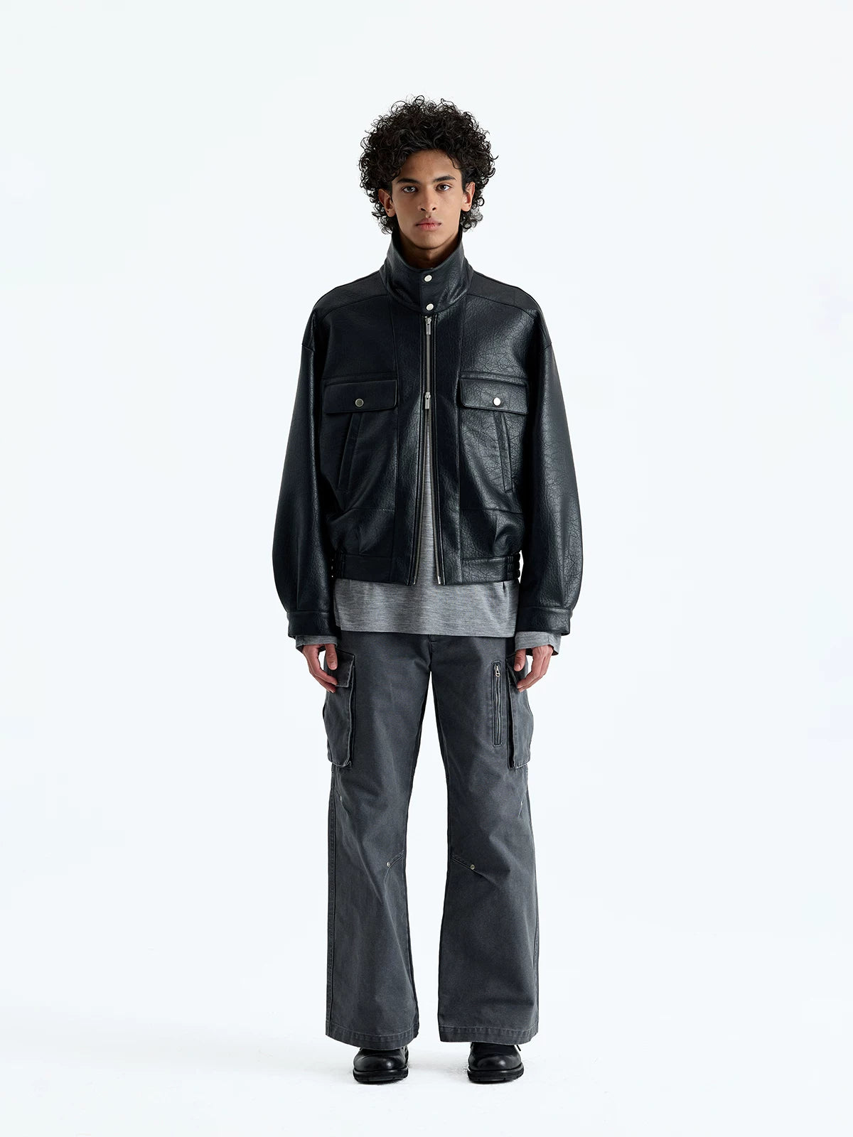 Vintage Faux Leather Multi-Pocket Cropped Jacket