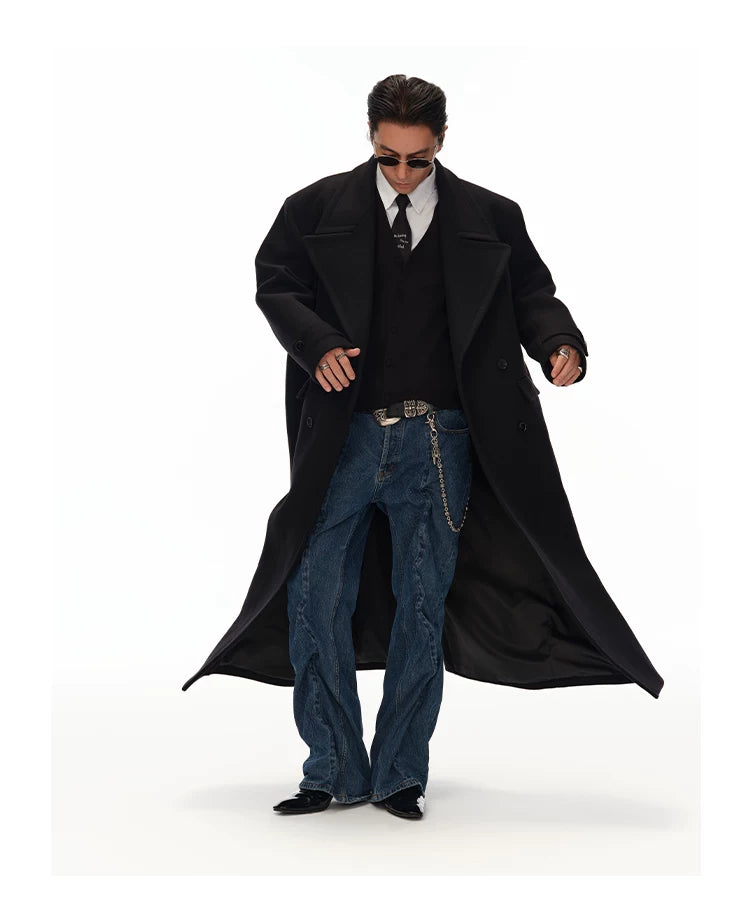 Men's Long Black Double-breasted Wool Coat