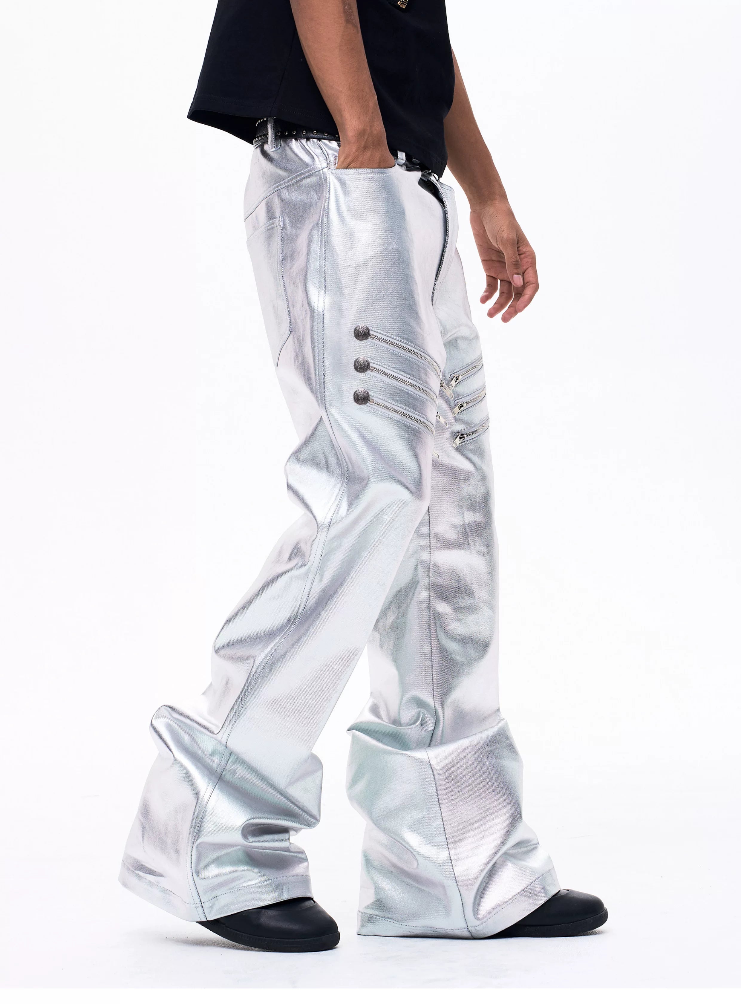 Men's Liquid Metal Silver Flared Jeans
