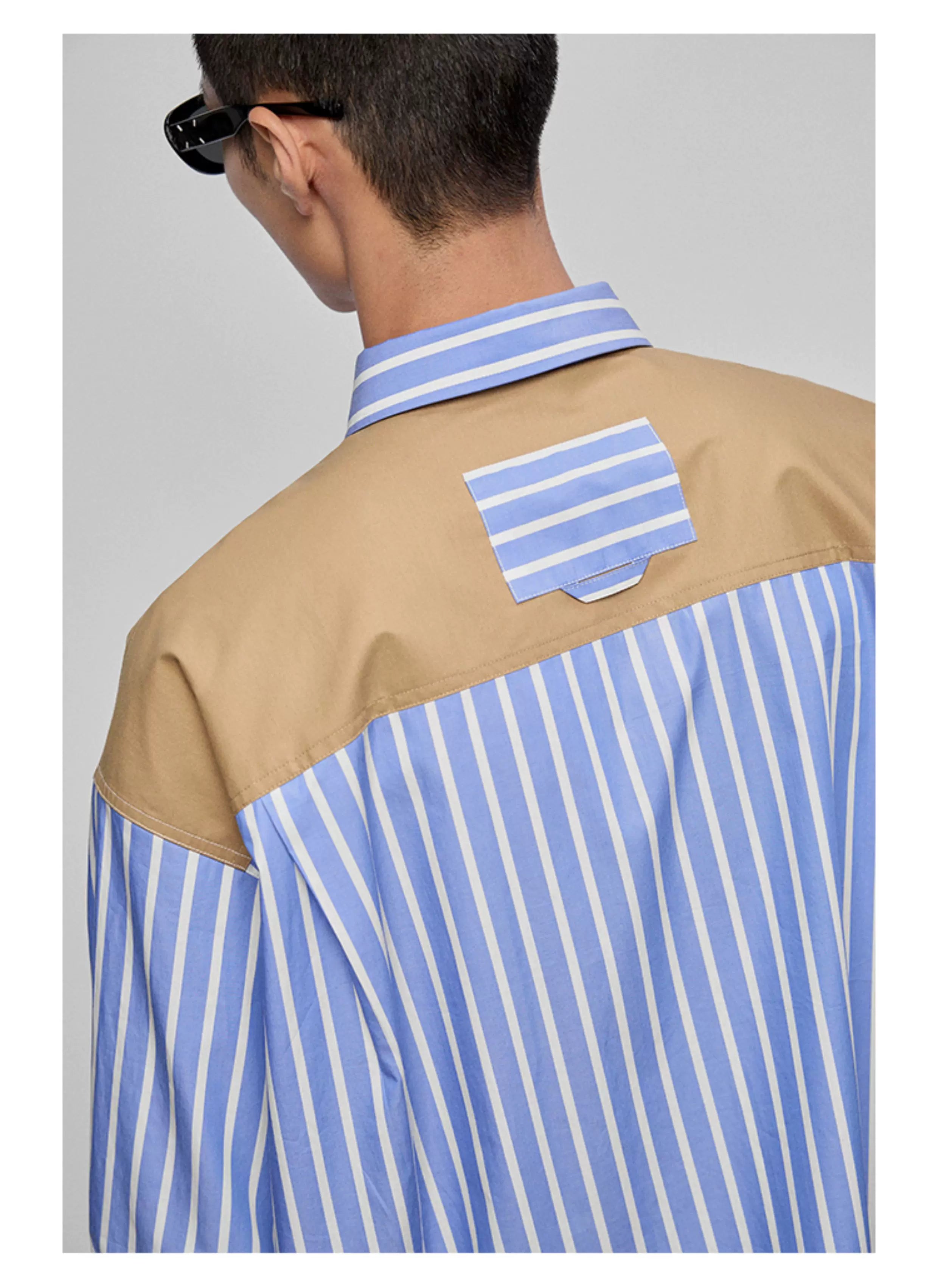 Color-block Striped Cotton Pocket Shirt