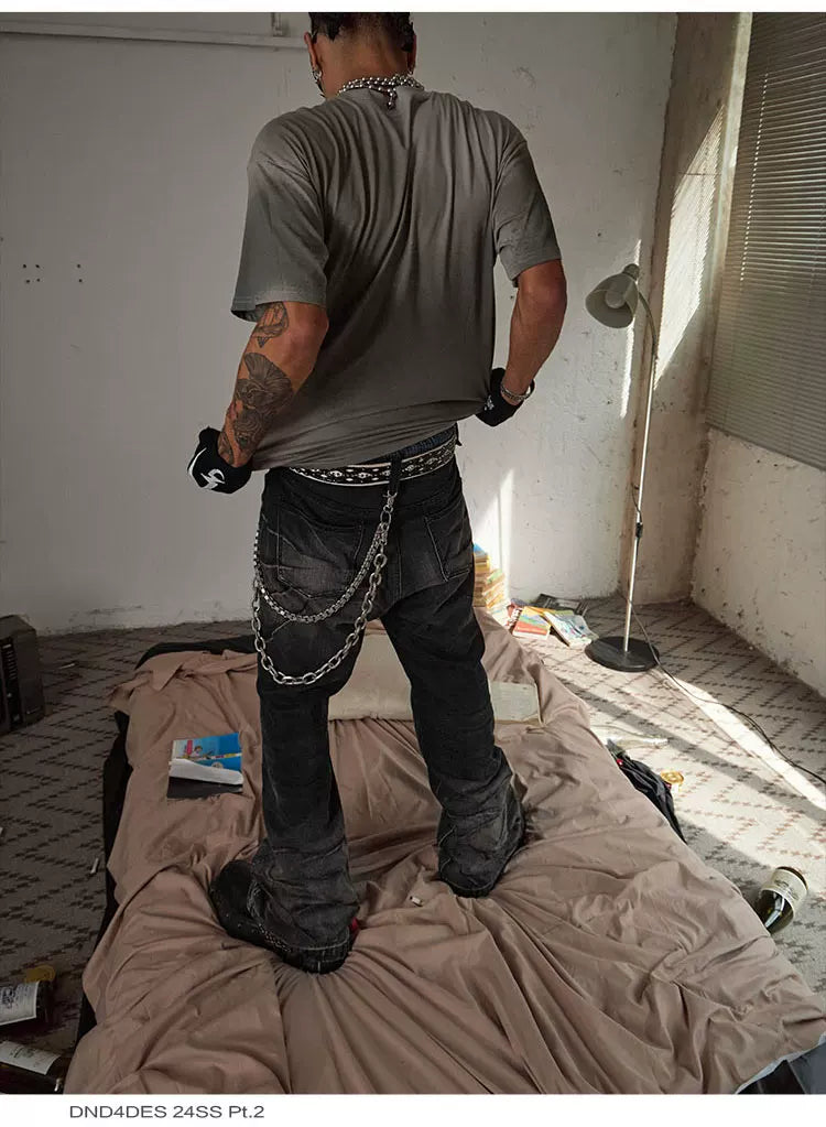 Black Washed Distressed Straight Flared Jeans