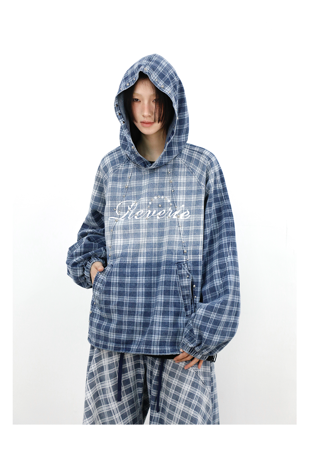 Gradient-Washed Plaid Stud Print Denim Hoodie