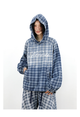 Gradient-Washed Plaid Stud Print Denim Hoodie
