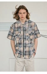 Men's Frayed Plaid Zip Short-sleeved Shirt