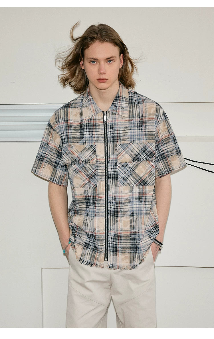 Men's Frayed Plaid Zip Short-sleeved Shirt