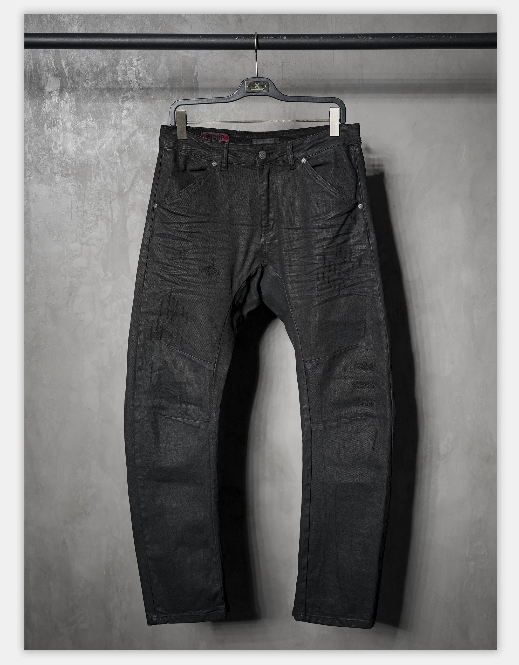 Waxed Distressed Curved Slim Jeans