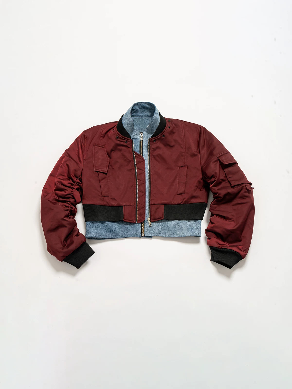 Cropped Two-Piece Maroon Denim Bomber Jacket