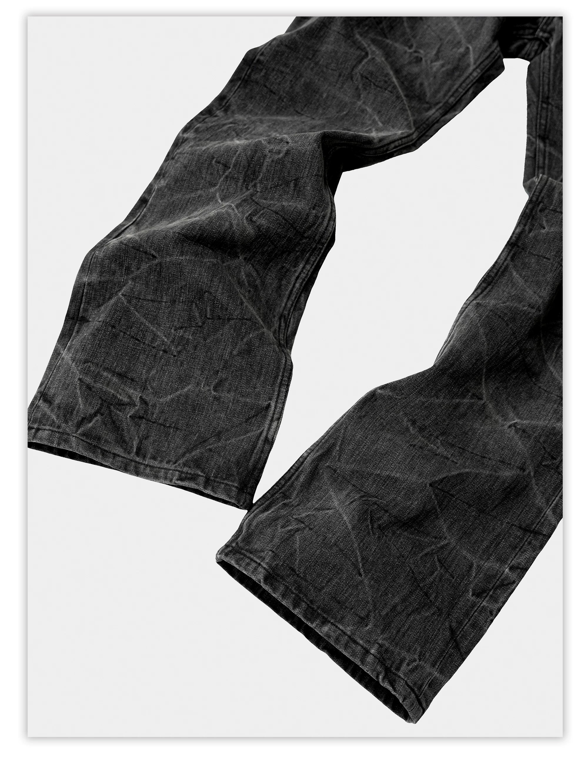 Distressed Washed Black Slub Straight Jeans