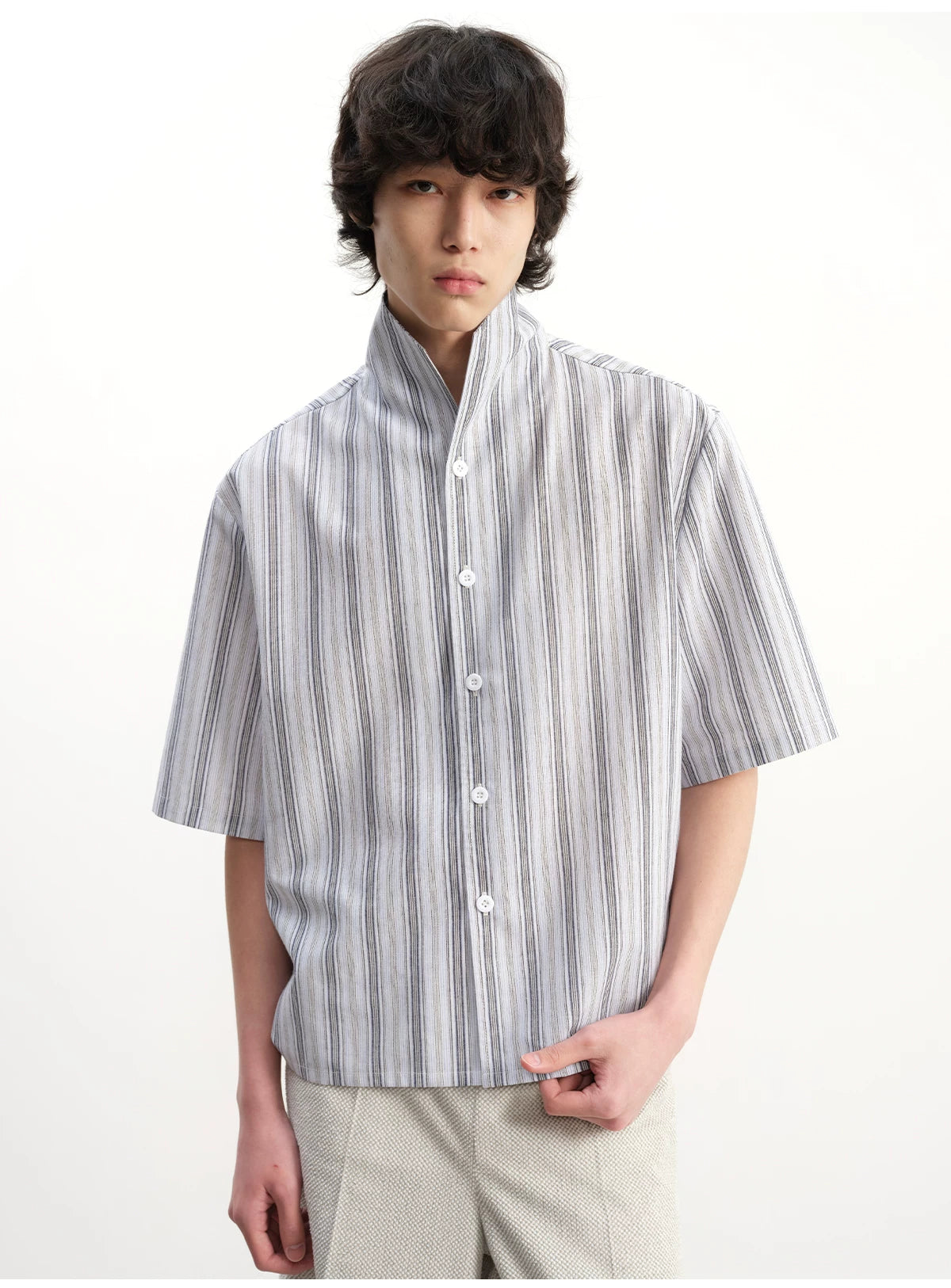 Short-Sleeve Striped Cotton Linen Shirt
