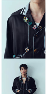 Ribbed Collar Shell Button Acetate Jacket