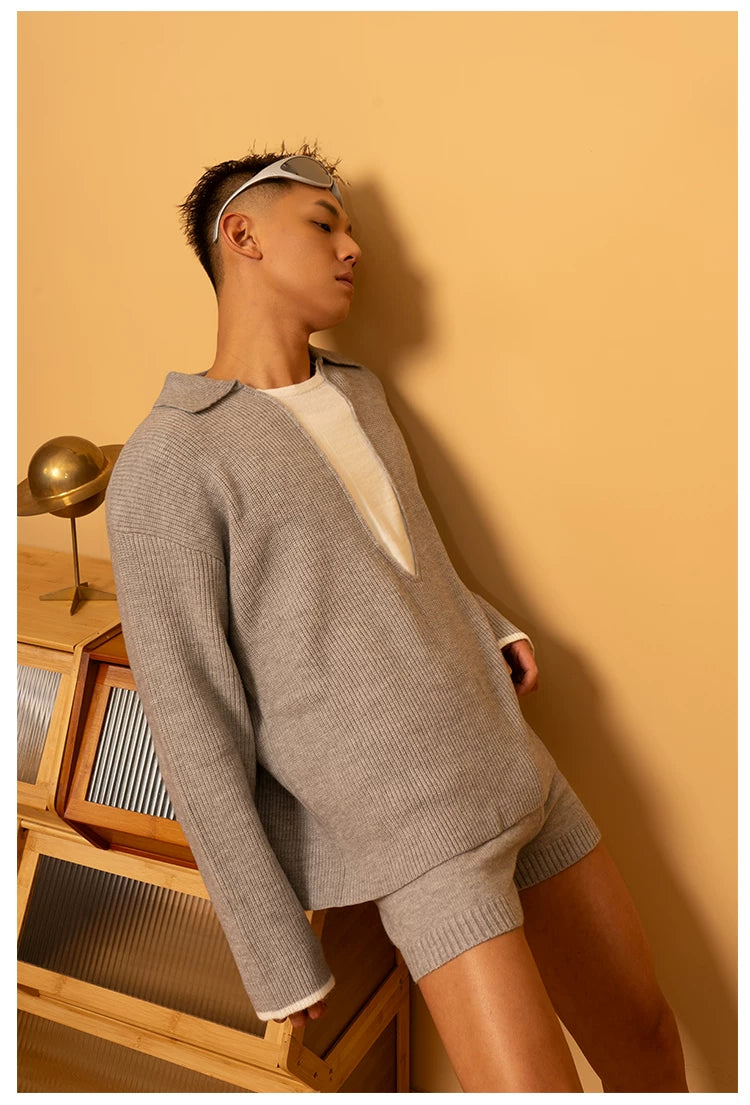 Gray Blue Navy Collar Knit Sweater