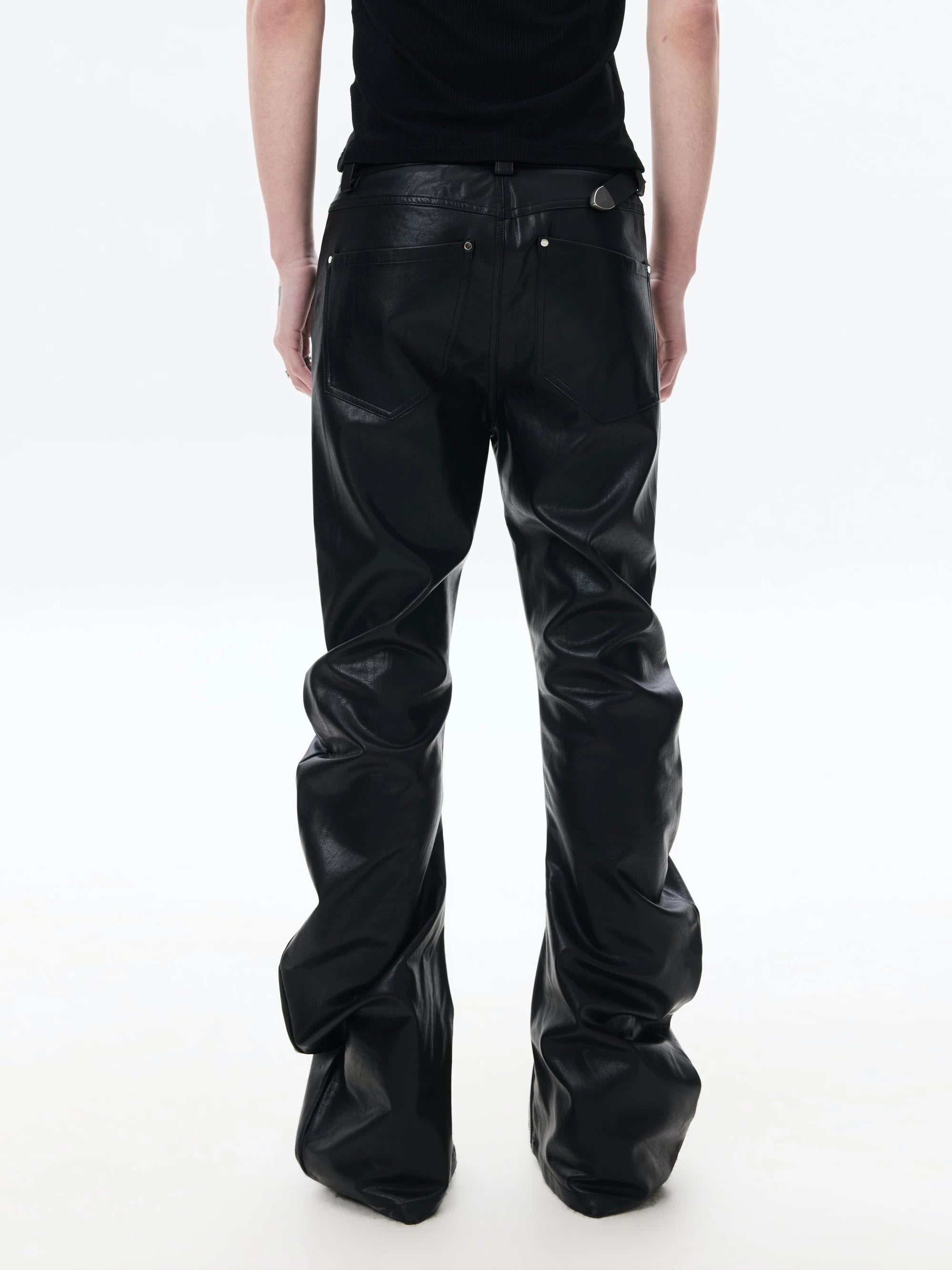 Slim Curved Leather Pants with Zippers