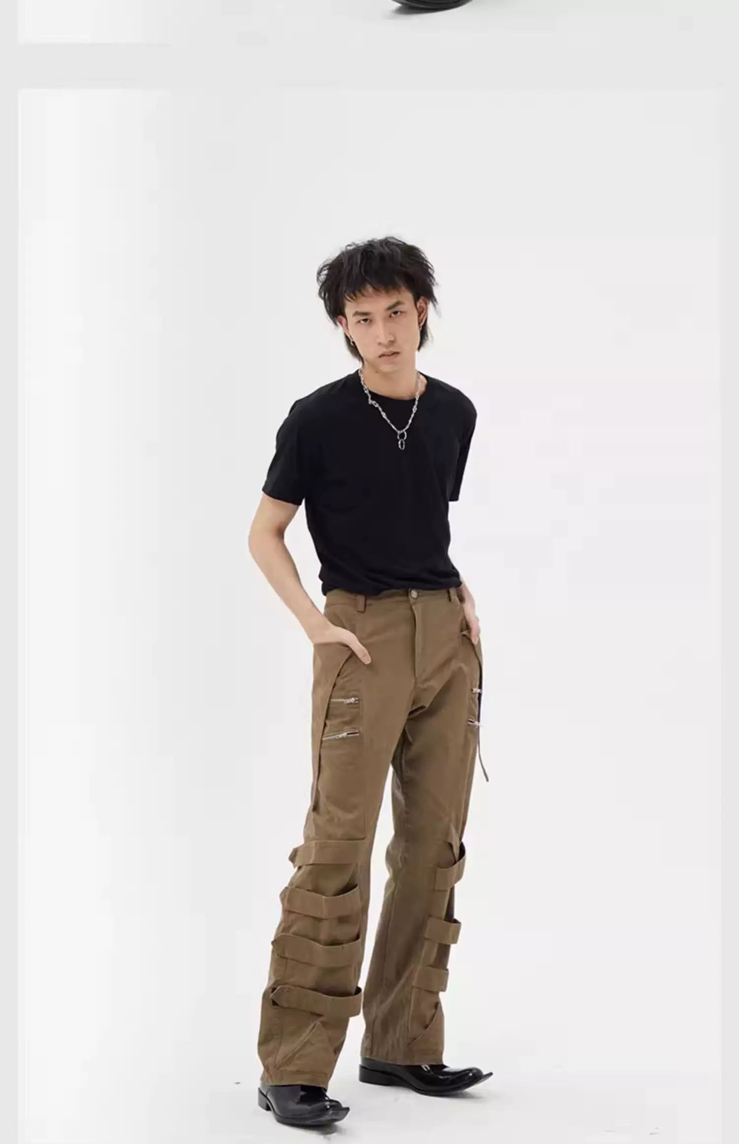 Vintage Brown Tie-Waist Wide-Leg Cargo Pants