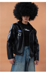 Men's Black Badged Hooded PU Jacket