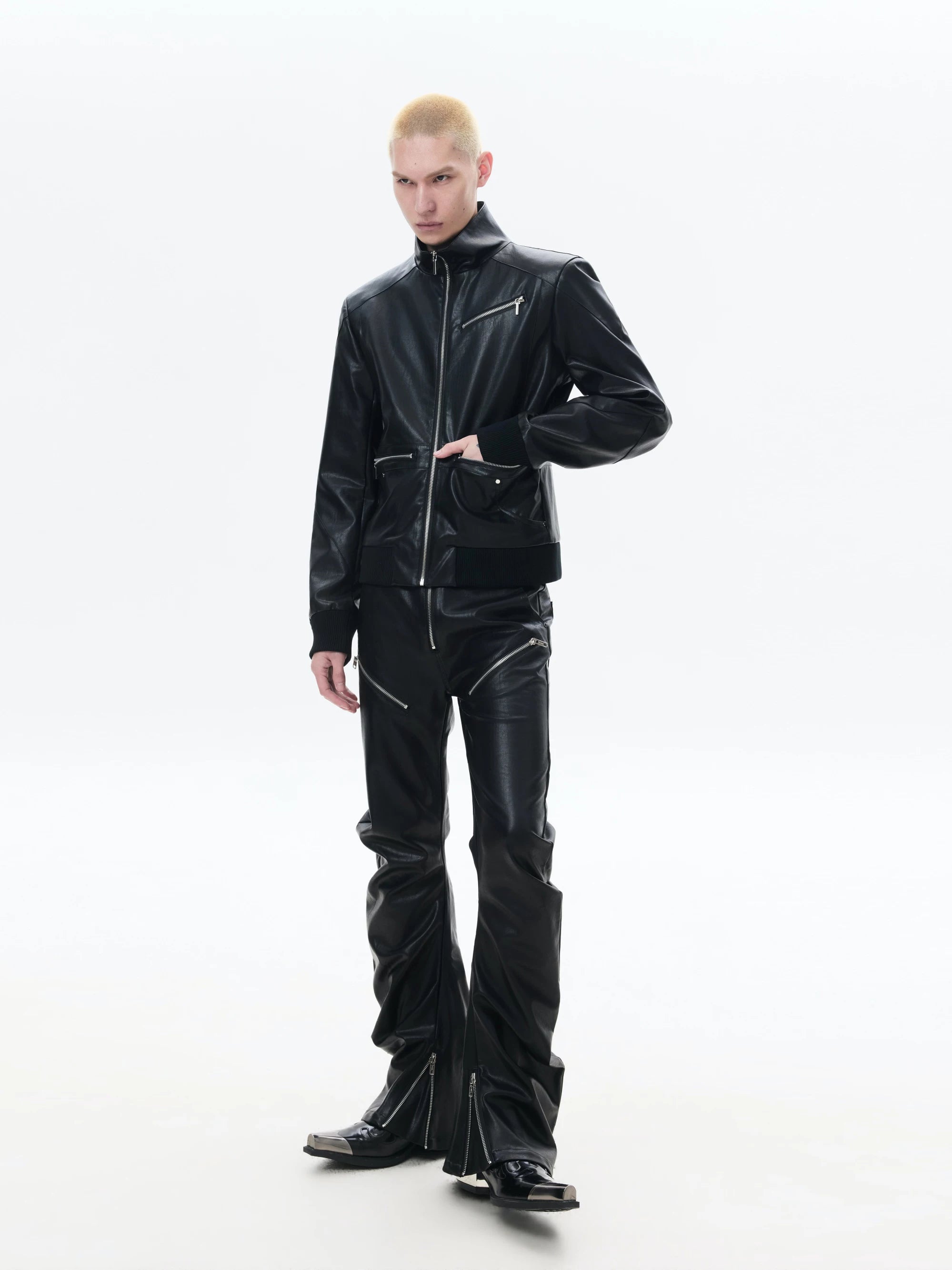 Black Slim Fit Zip-Collar Leather Jacket