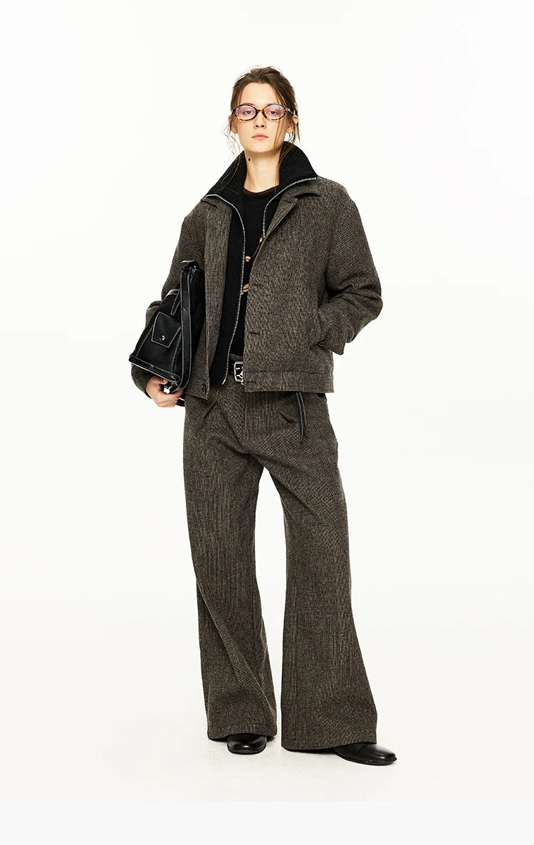 Wide Leg Pleated Wool Houndstooth Pants