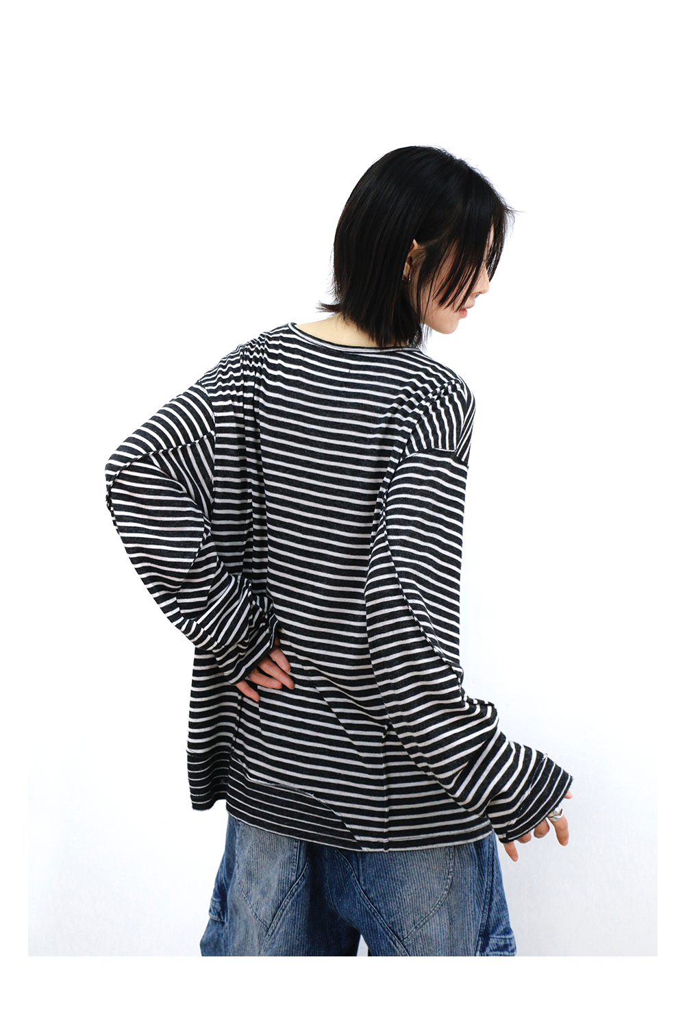 Striped Cutout Neck Long Sleeve Tee