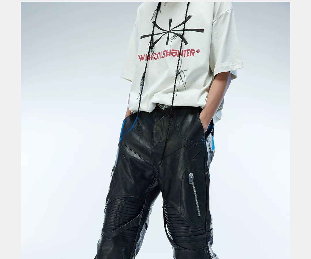 Men's Two-Tone Distressed Straight Leather Pants