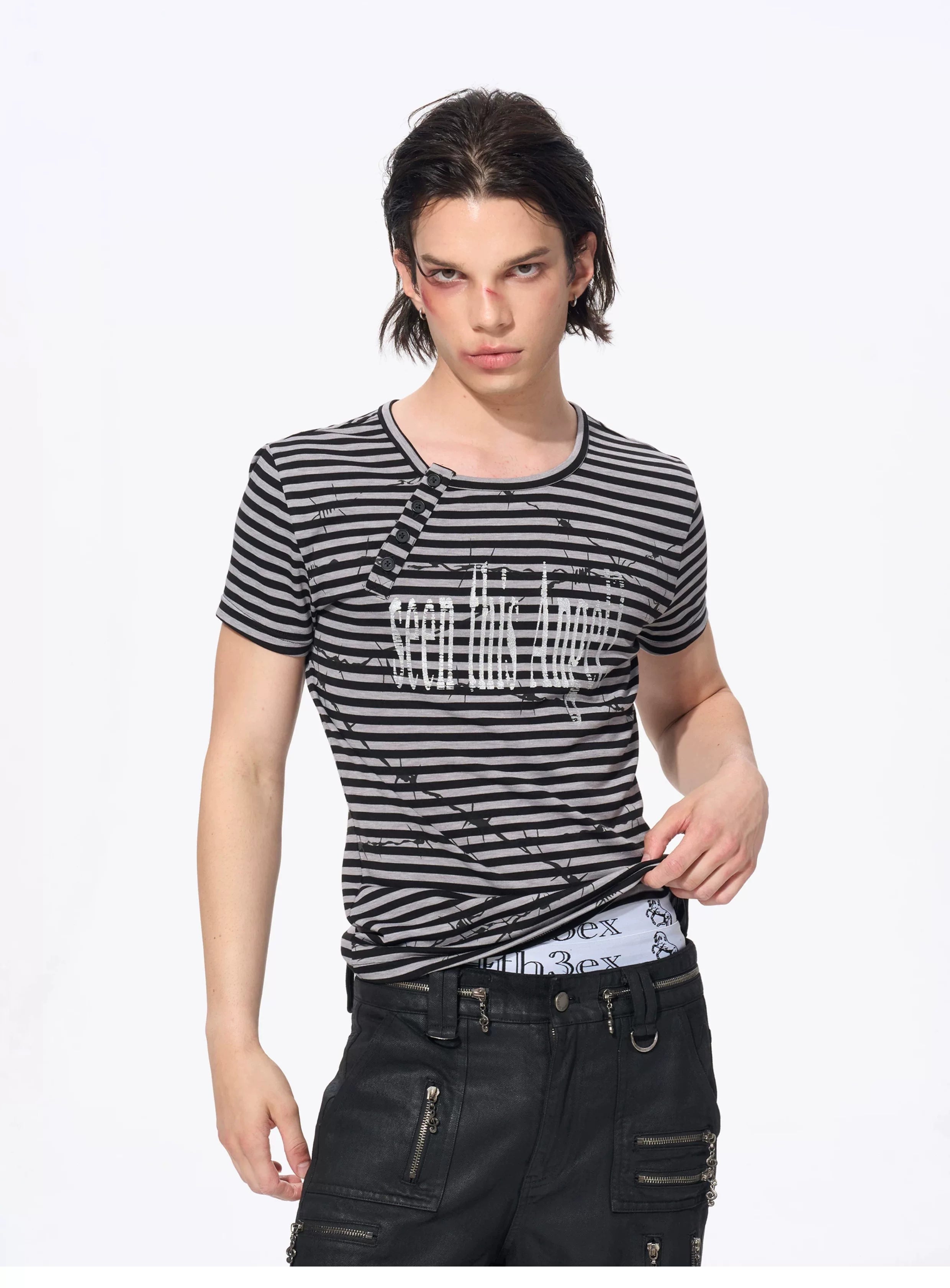 Slim Fit Letter Print Striped Tees