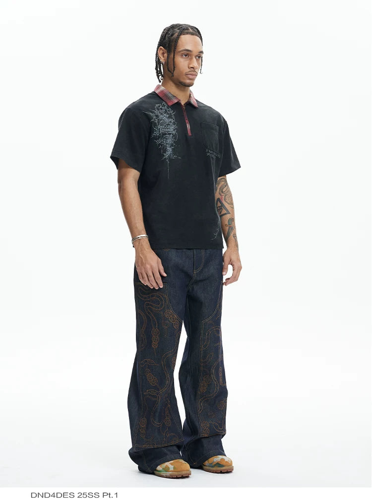 High-Density Embroidery Flared Raw Denim Jeans