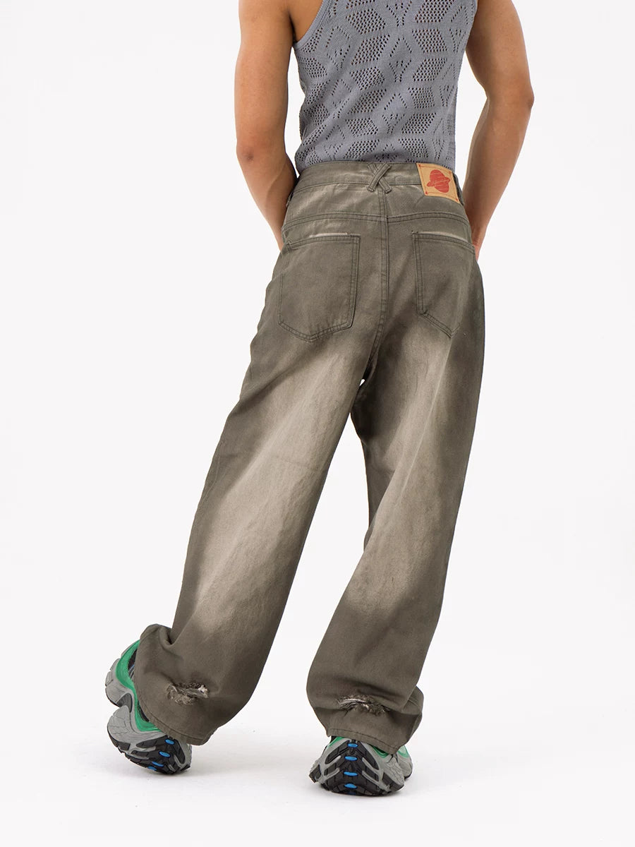 Men's Gray Vintage Distressed Wide-Leg Jeans