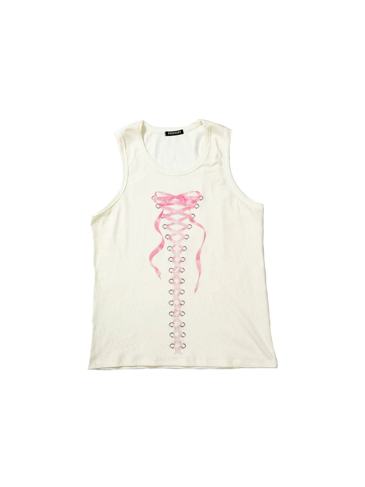 Bow Strap Print Ribbed Tank Top