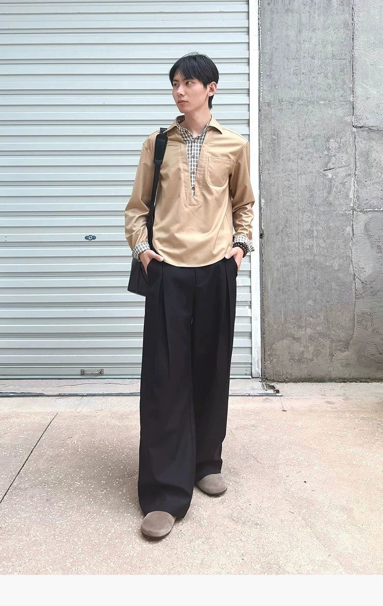 Long-Sleeve Layered V-Neck Color-Block Plaid Shirt