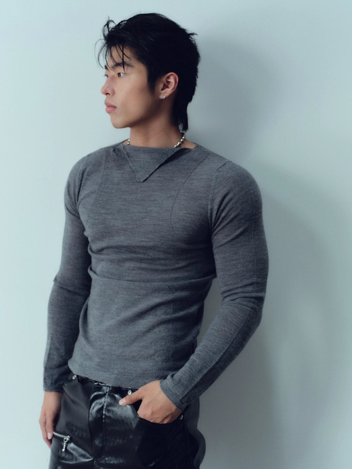 Lightweight Wool Slim Triangle Neck Sweater