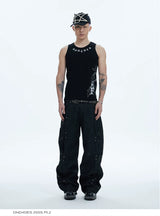 Asymmetric Pleated Studded Raw Denim Jeans