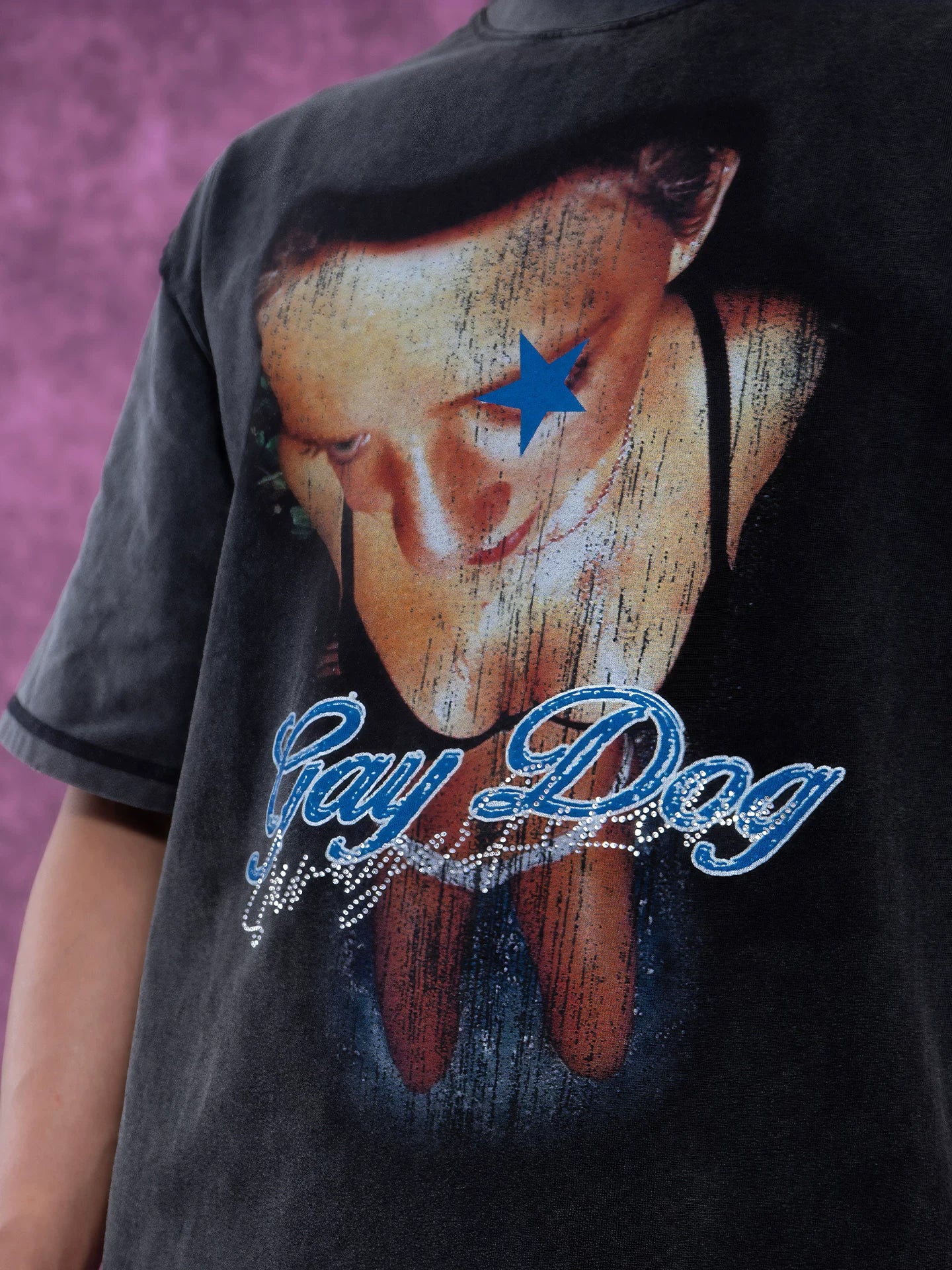 Gray Distressed Rhinestone Print Men's Tee